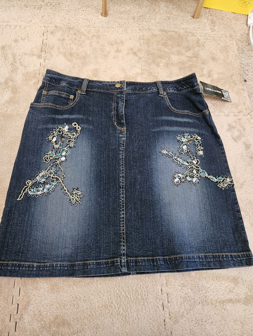 Bianca Nygard Dark Blue Denim A-Line Skirt with Turquoise & Gold Beadwork Sz 14